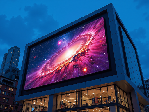 Large LED display wall showing vibrant colors and images, high resolution digital signage, commercial installation in modern building