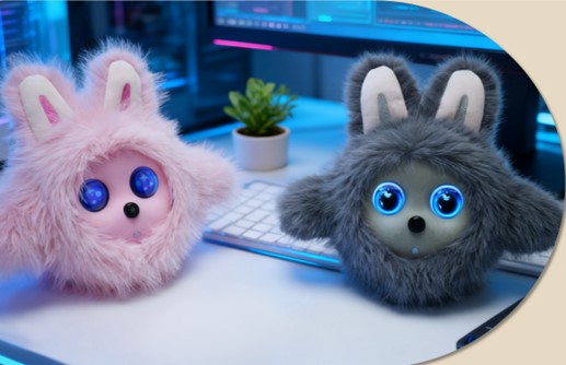 Advanced AI robotic pet with interactive features, modern design with LED indicators, placed on table in living room setting