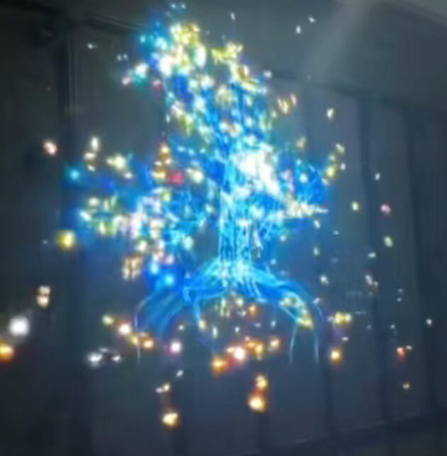 3D holographic fan display showing floating images, modern advertising device with rotating projection technology, placed in retail environment